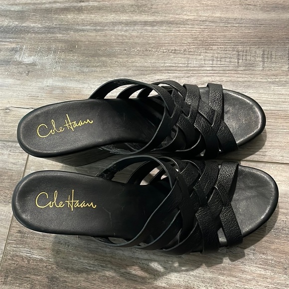 Cole Haan Black Leather Wedge Sandals - Picture 1 of 8